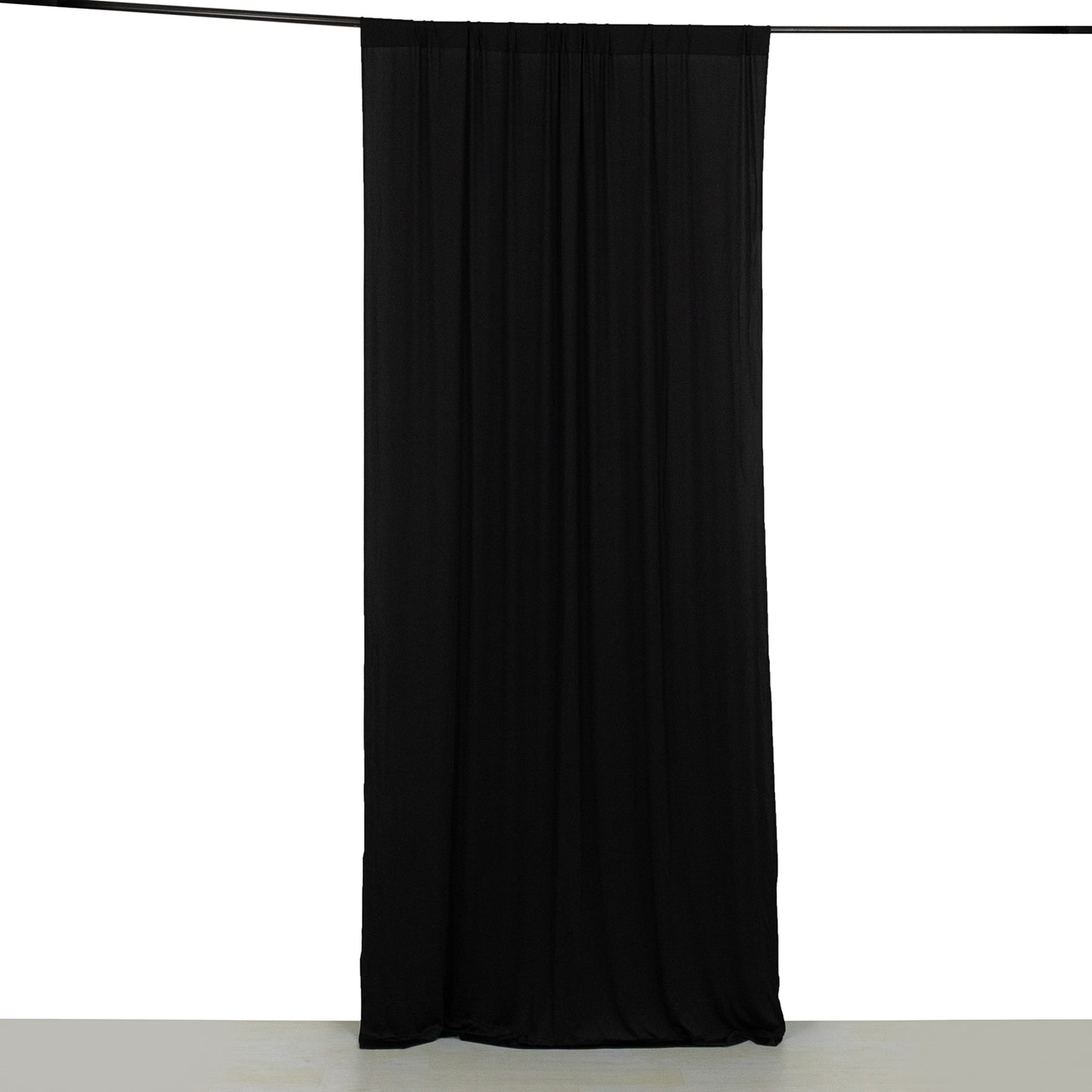 Black 4-way stretch spandex event curtain drapes, wrinkle-free backdrop panel.