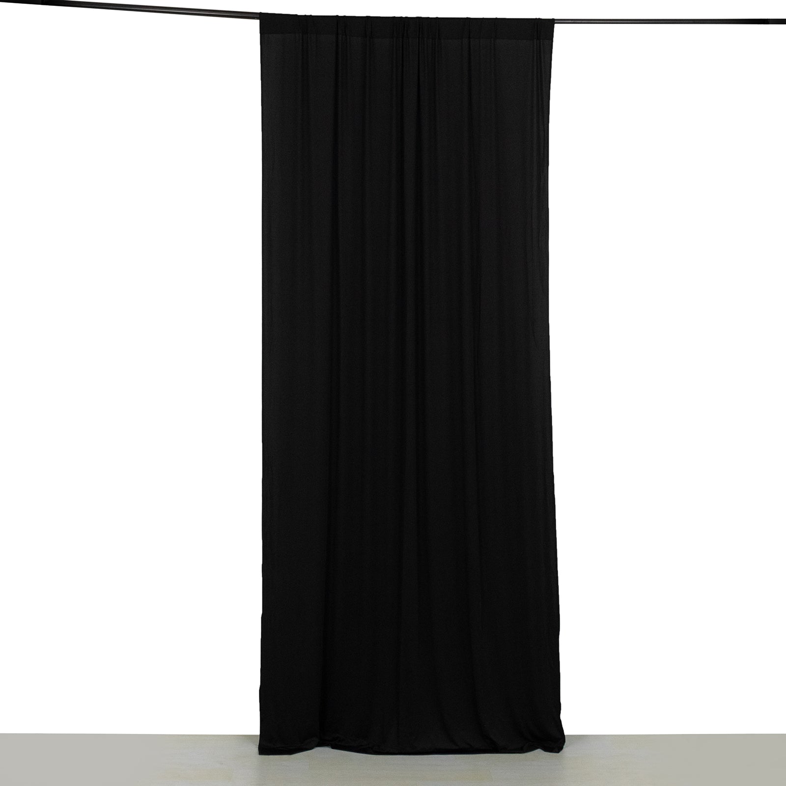 Black 4-way stretch spandex event curtain drapes, wrinkle-free backdrop panel.