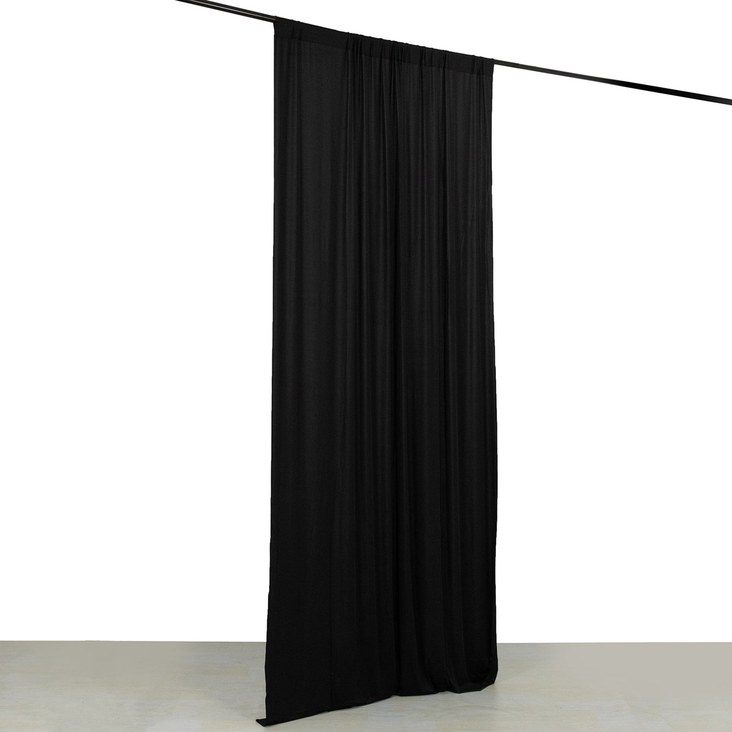 Black 4-way stretch spandex event curtain drapes, wrinkle-free backdrop panel.