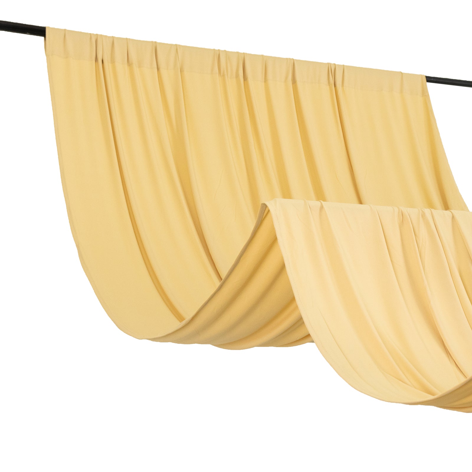 Champagne 4-way stretch spandex event curtain drapes, wrinkle-free backdrop.