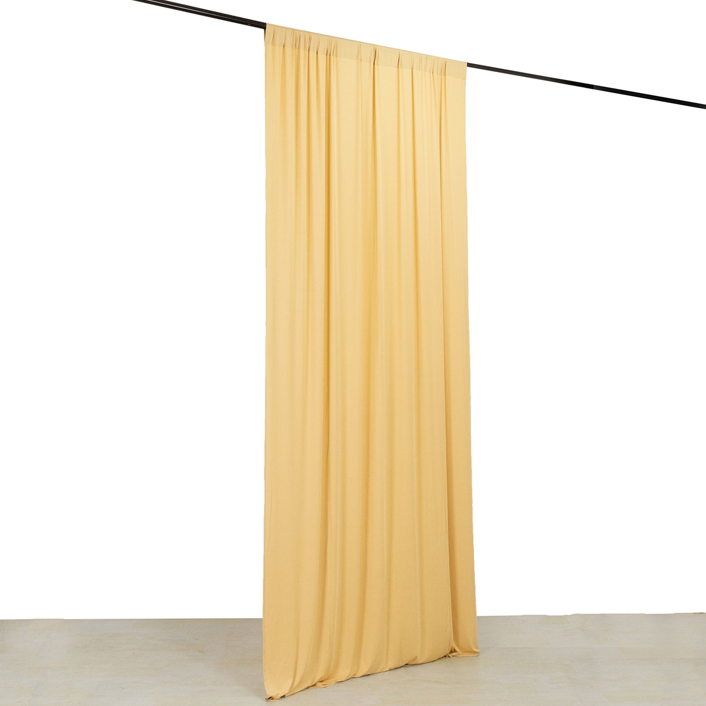Champagne 4-way stretch spandex event curtain drapes, wrinkle-free backdrop panel.