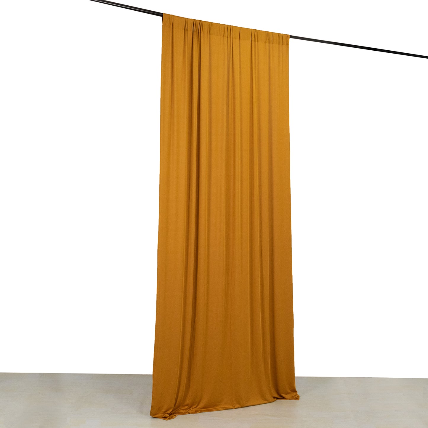 Gold 4-way stretch spandex event curtain drape, wrinkle-free backdrop panel.