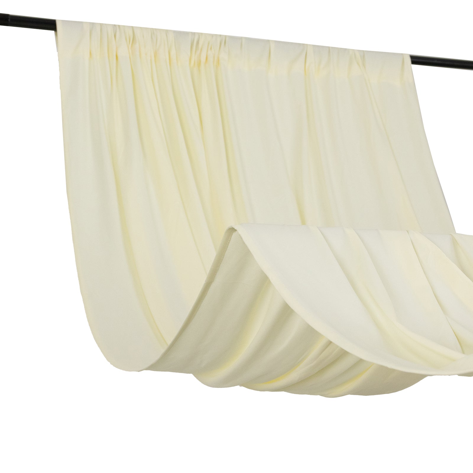 Ivory 4-way stretch spandex event curtain drapes with rod pockets.