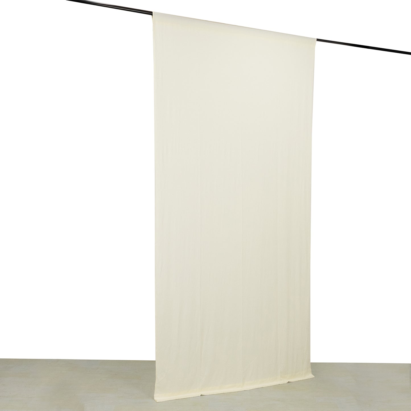 Ivory 4-way stretch spandex event curtain drapes, wrinkle-free backdrop.