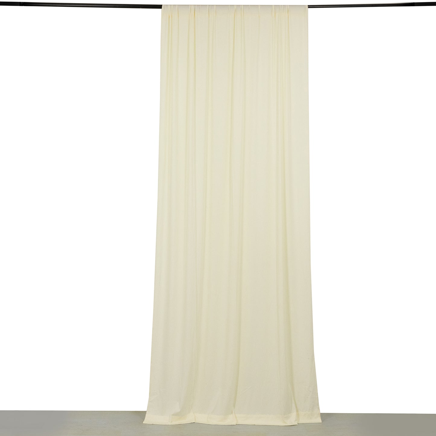 Ivory 4-way stretch spandex event curtain drapes, wrinkle-free backdrop.