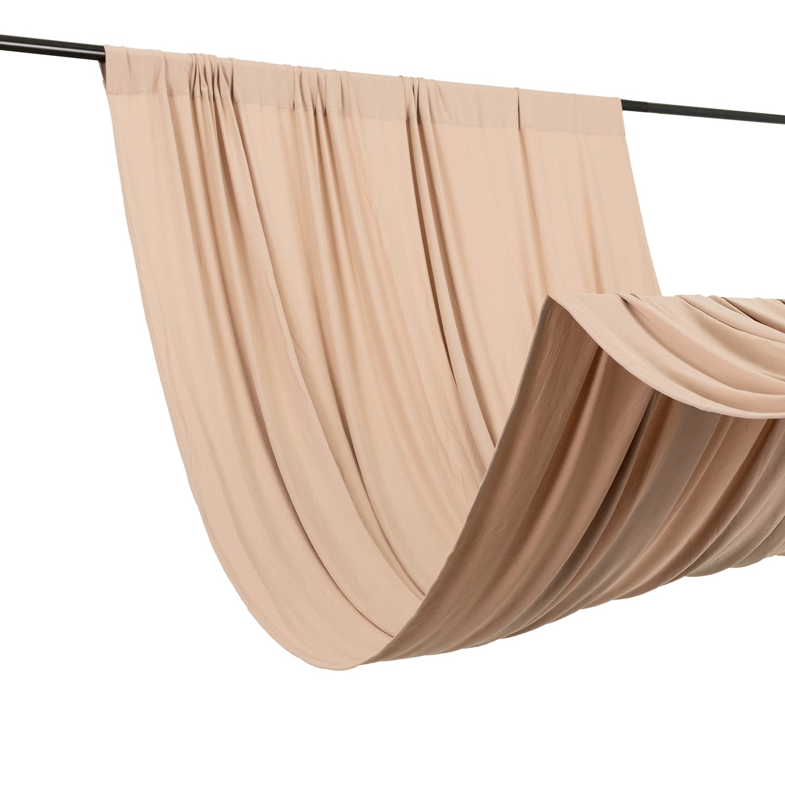 Nude 4-way stretch spandex event curtain drapes, wrinkle-free backdrop panel.