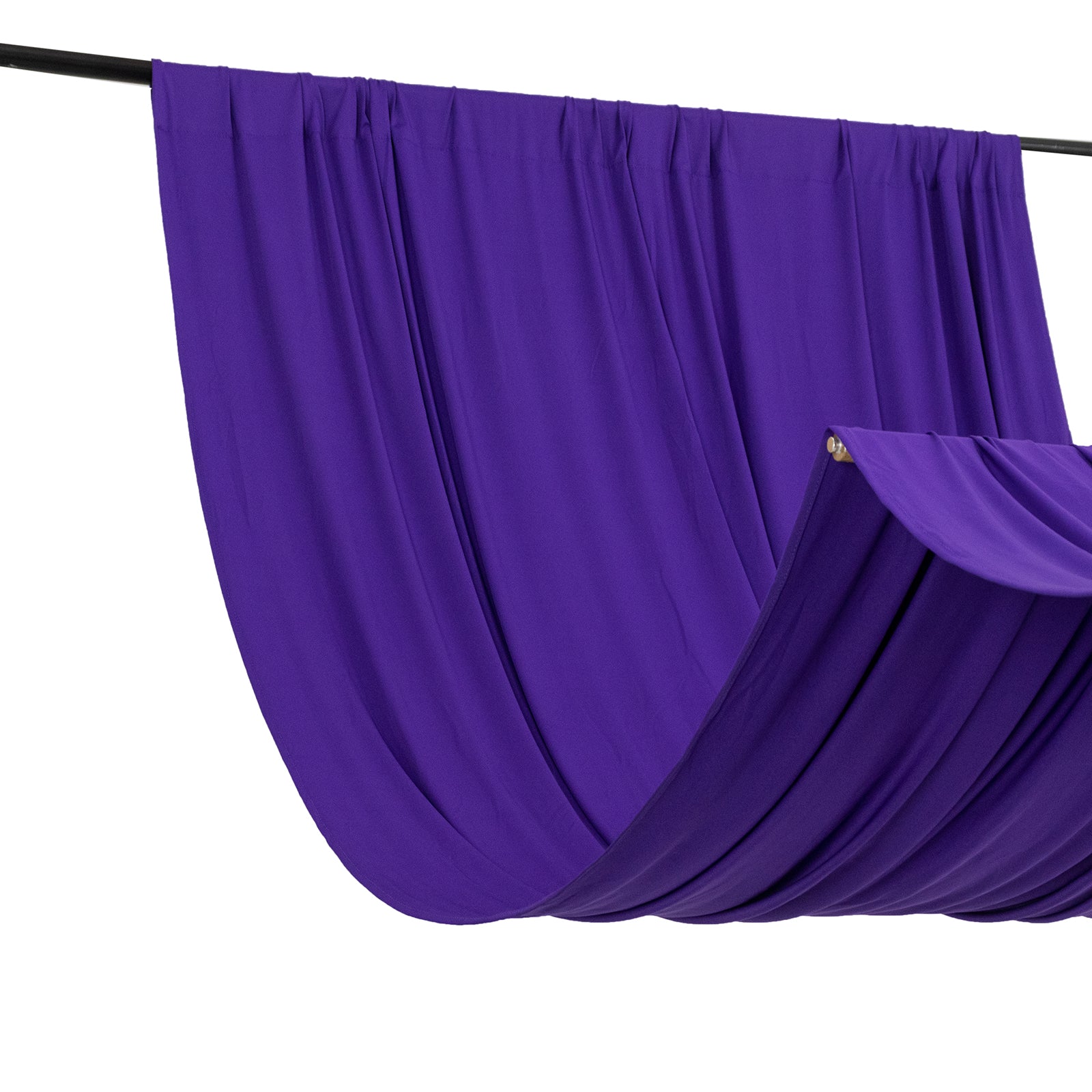 Purple 4-way stretch spandex drapes, wrinkle-free backdrop for events.