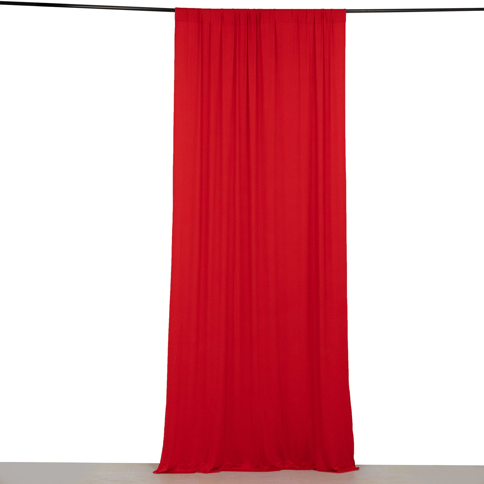 Red 4-way stretch spandex event curtain drape, wrinkle-free backdrop panel.