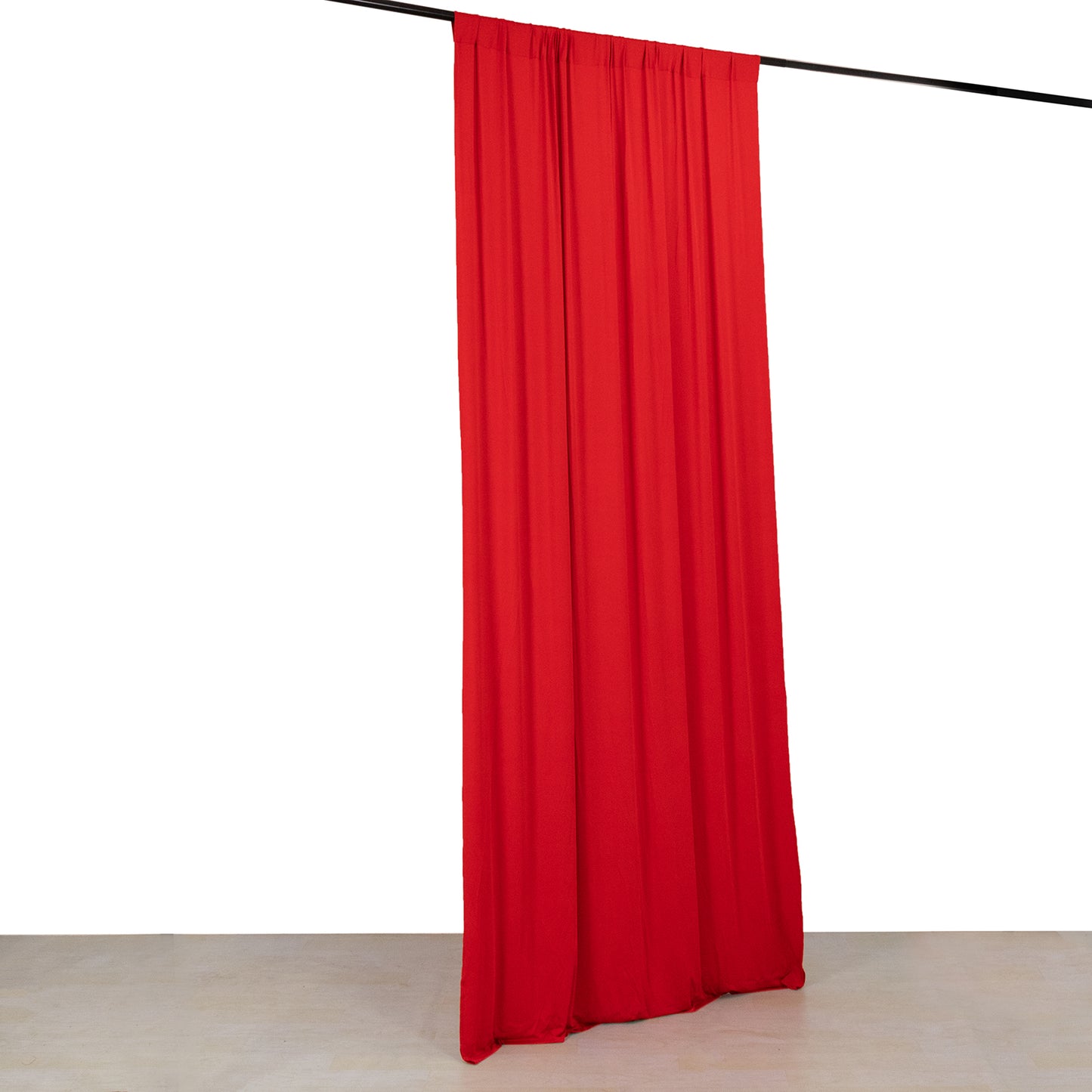 Red 4-way stretch spandex curtain drape with rod pockets, wrinkle-free backdrop.