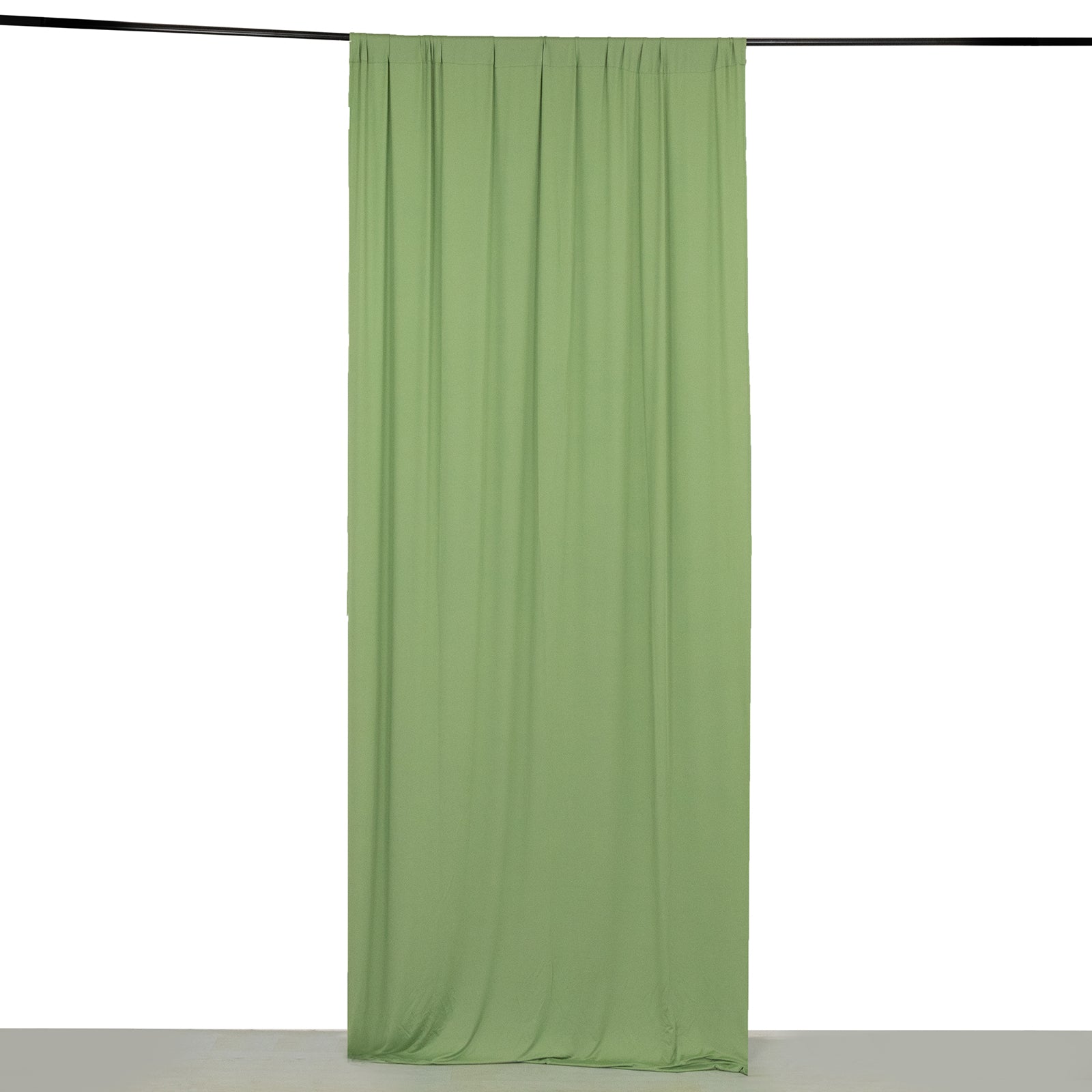 Sage green 4-way stretch spandex event curtain drape hanging vertically.