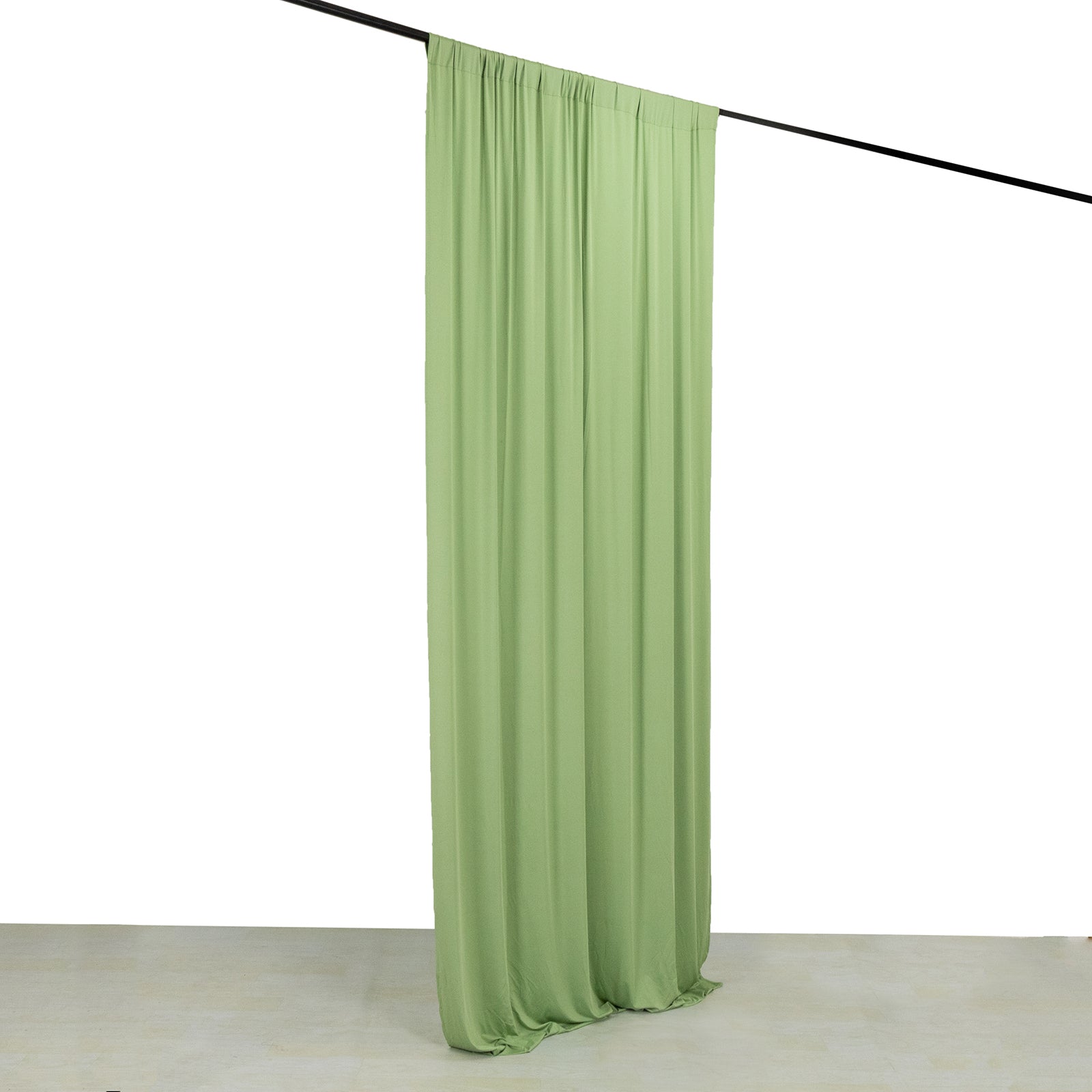 Sage green 4-way stretch spandex event curtain drapes, wrinkle-free backdrop.