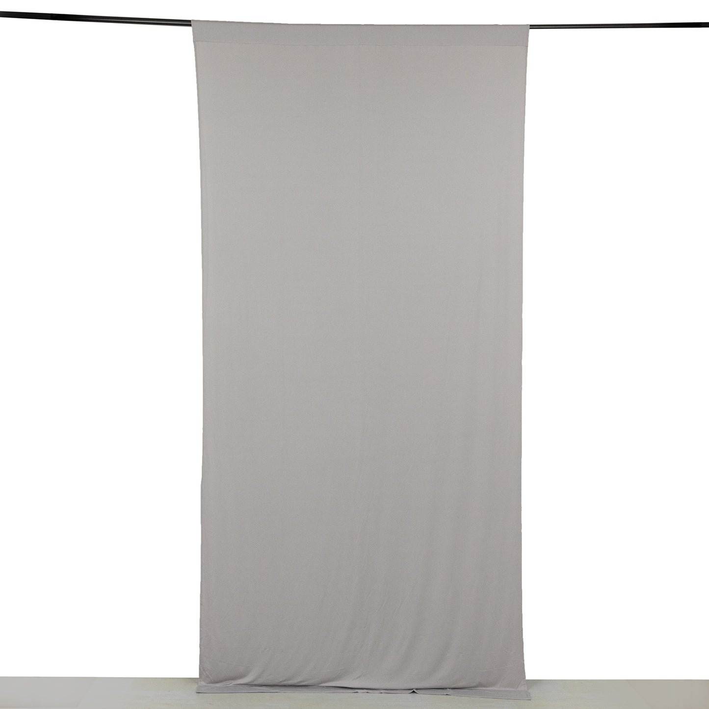 Silver 4-way stretch spandex event curtain drapes, wrinkle-free backdrop panel.