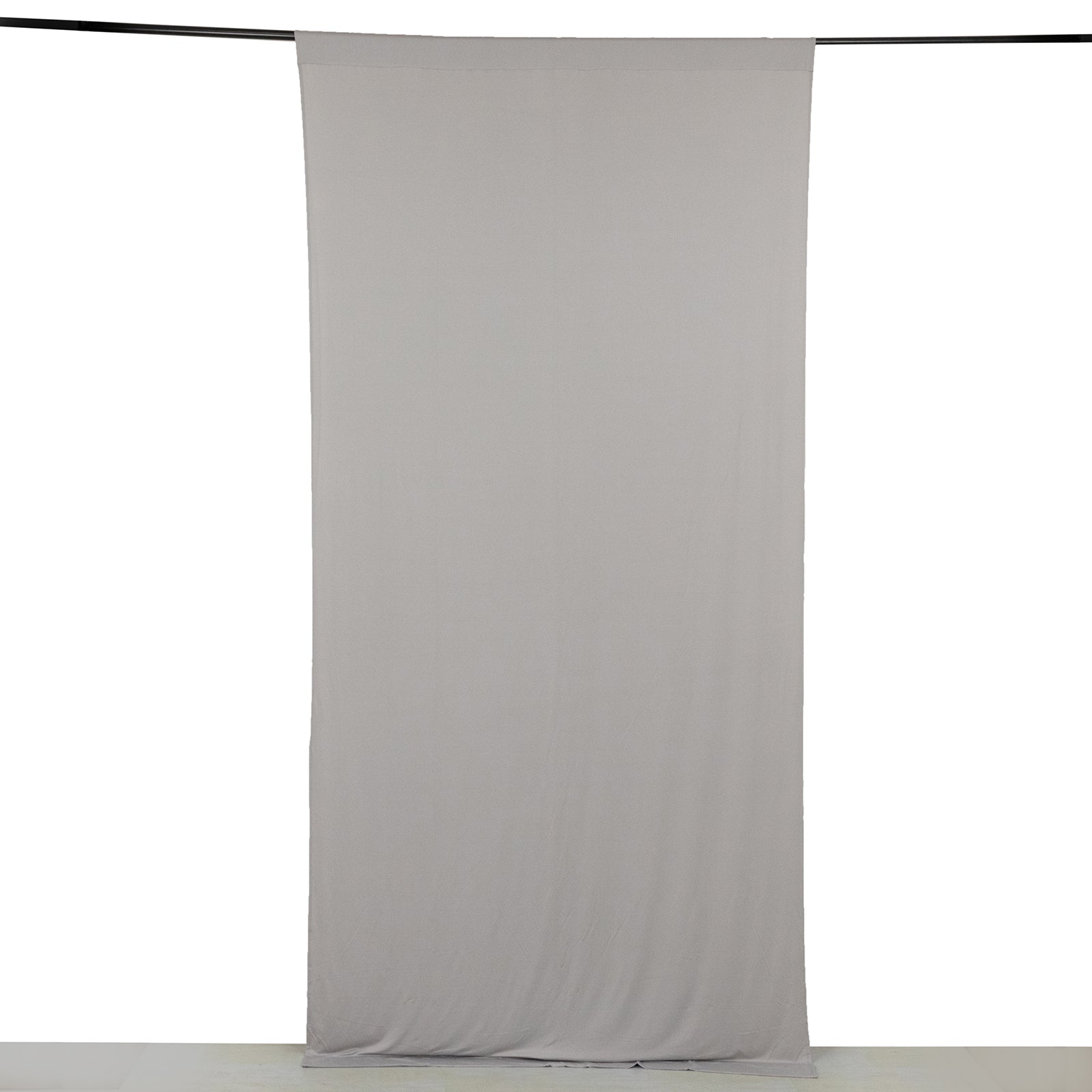 Silver 4-way stretch spandex event curtain drapes, wrinkle-free backdrop panel.