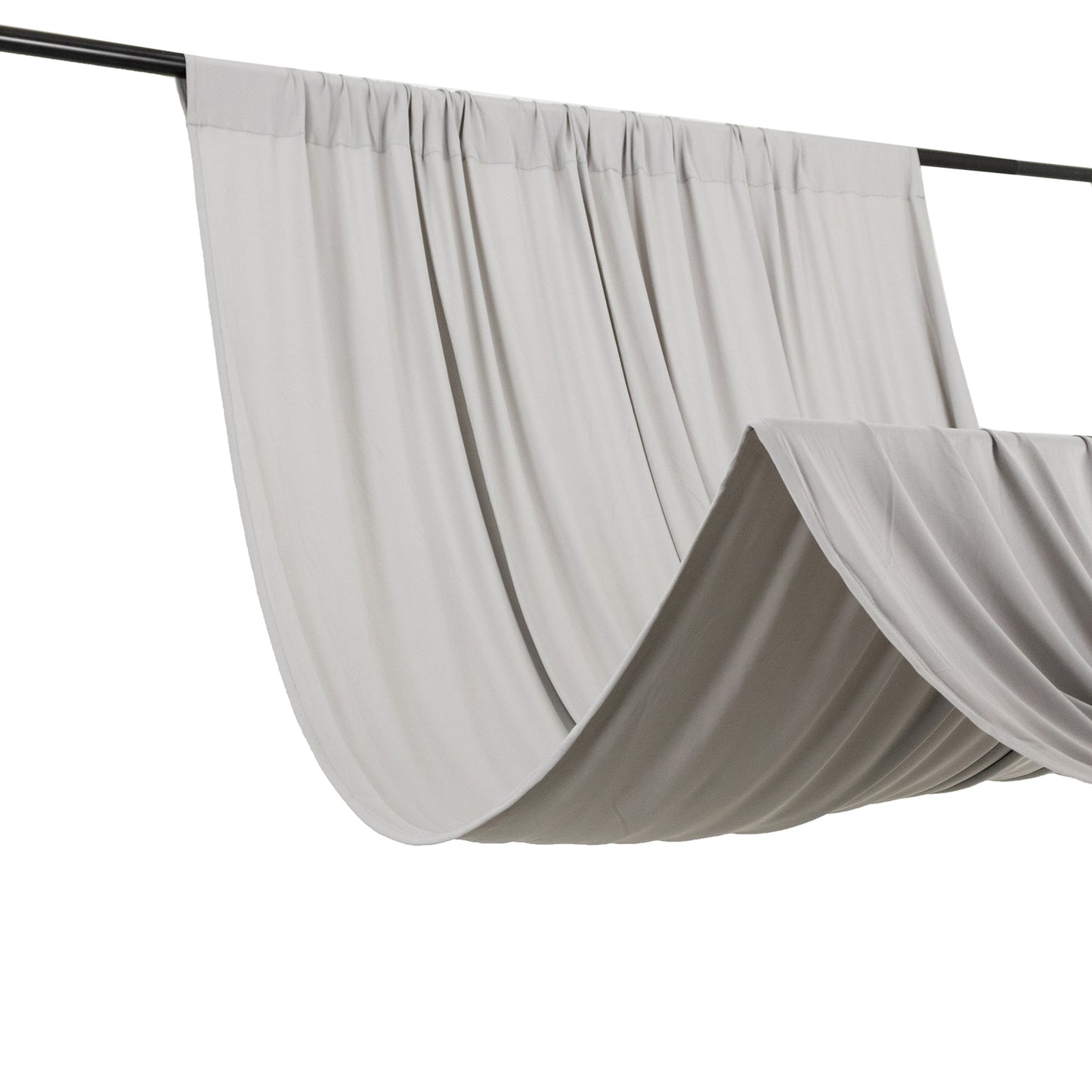 Silver 4-way stretch spandex event curtain drapes on a rod.