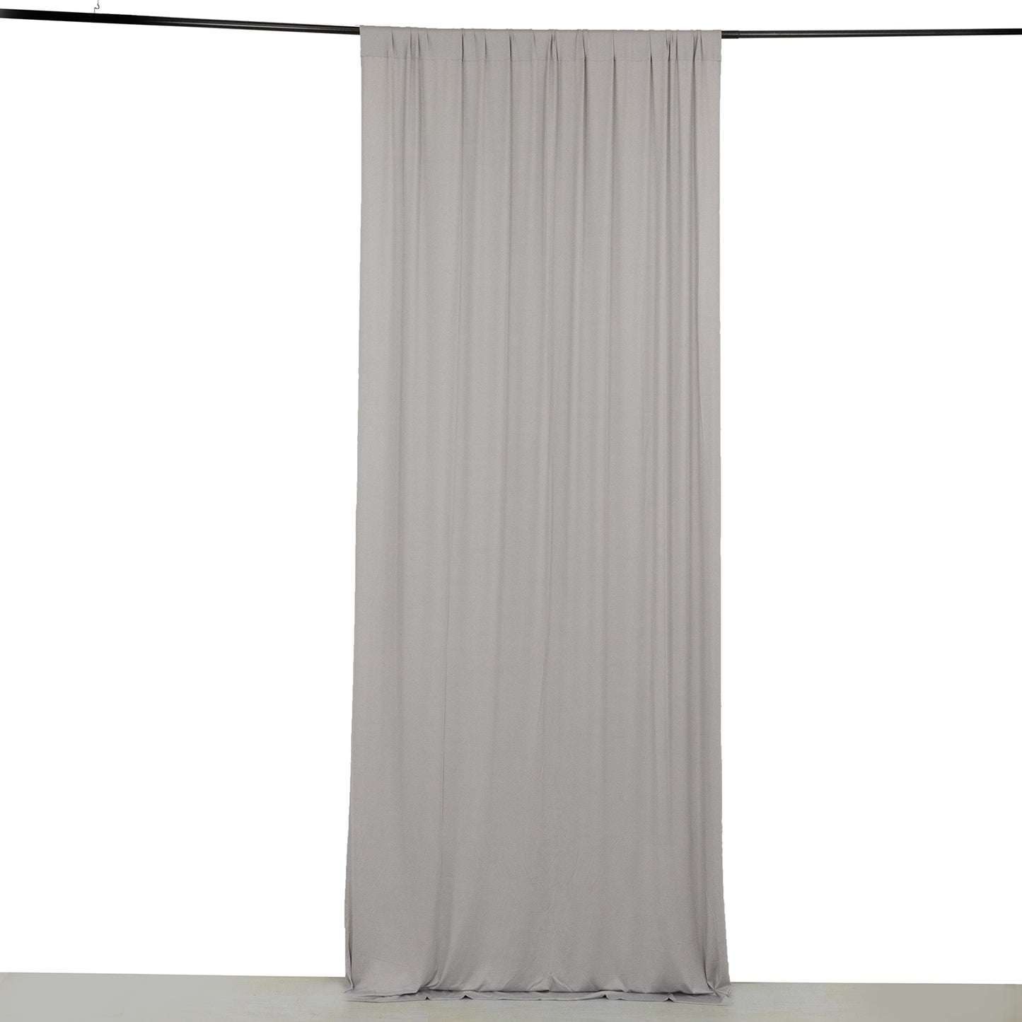 Silver 4-way stretch spandex event curtain drape, wrinkle-free backdrop panel.