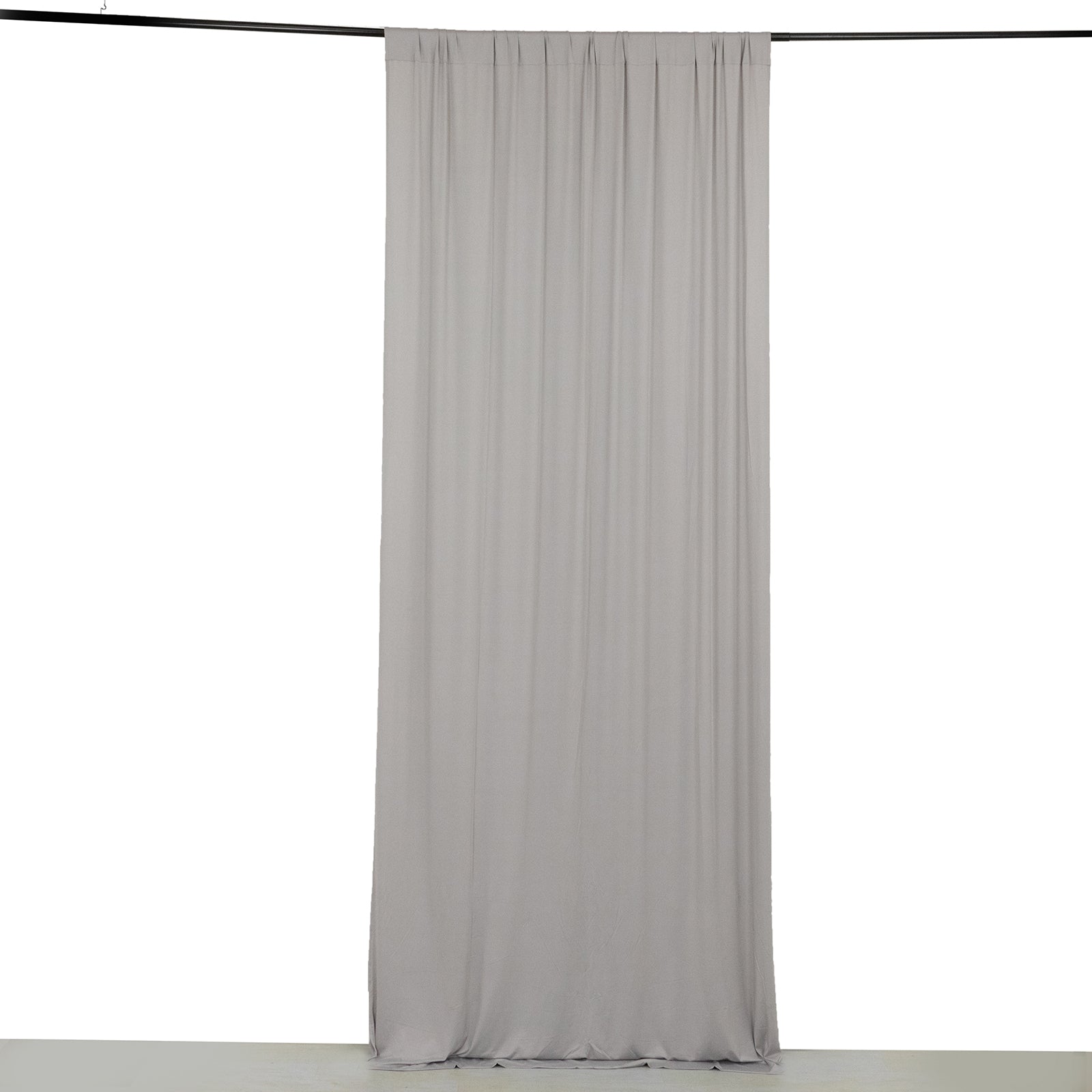 Silver 4-way stretch spandex event curtain drape, wrinkle-free backdrop panel.