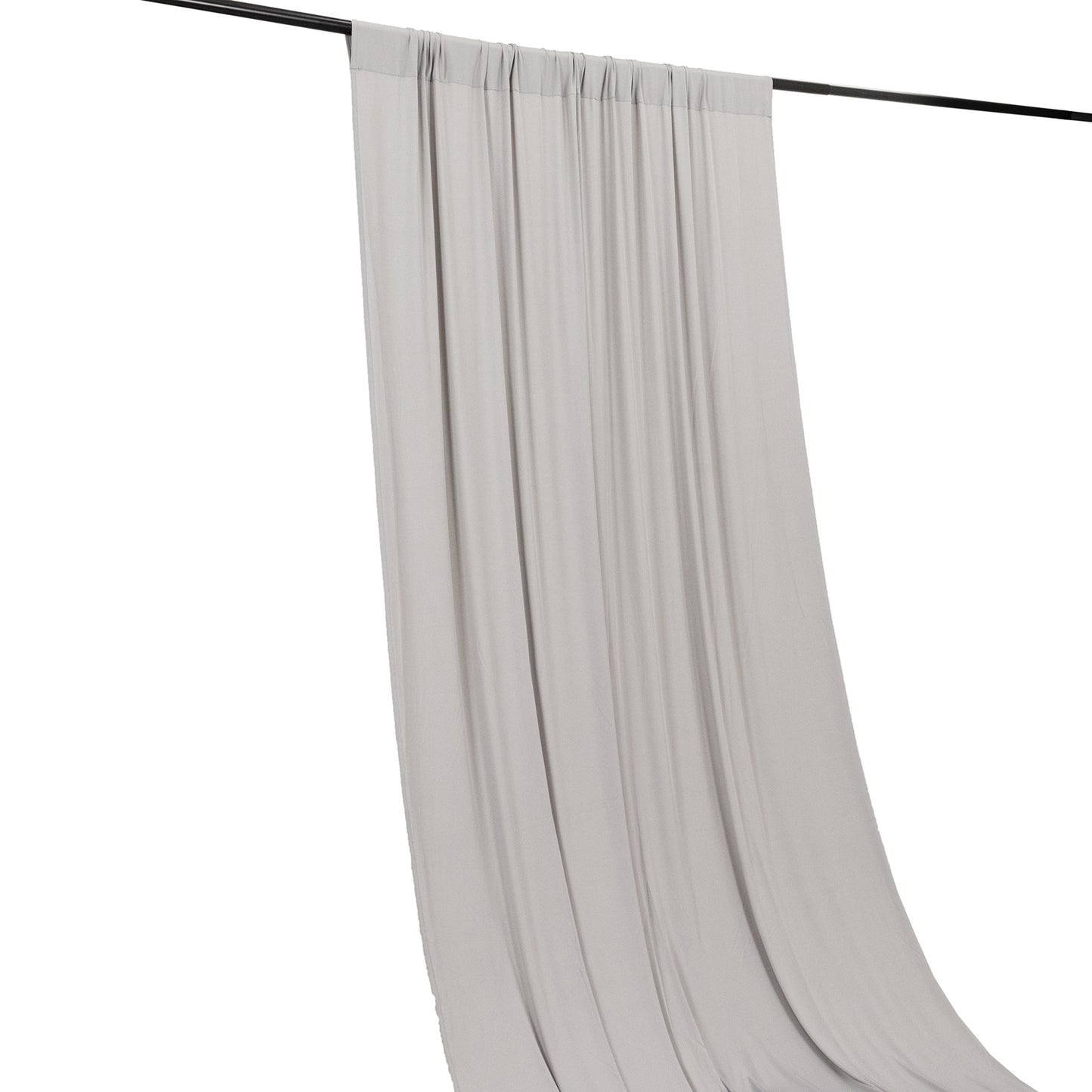 Silver 4-way stretch spandex drape, wrinkle-free backdrop panel.