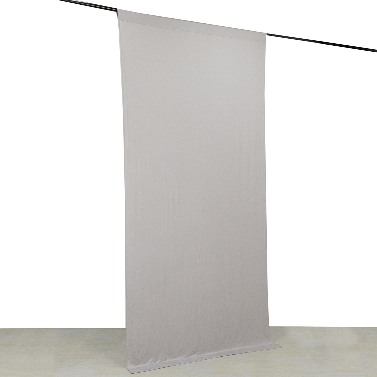 Silver 4-way stretch spandex event curtain drapes backdrop panel.