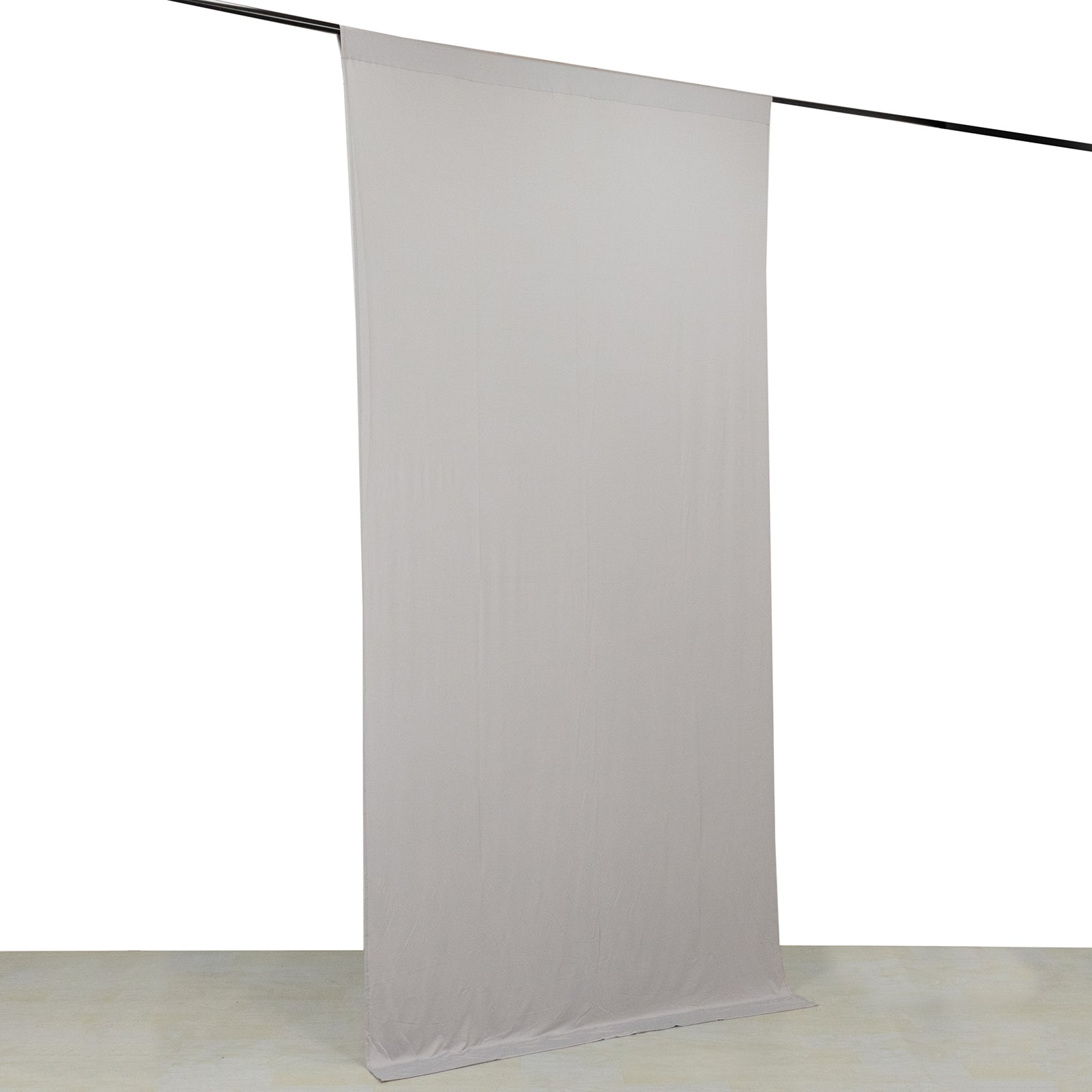 Silver 4-way stretch spandex event curtain drapes backdrop panel.