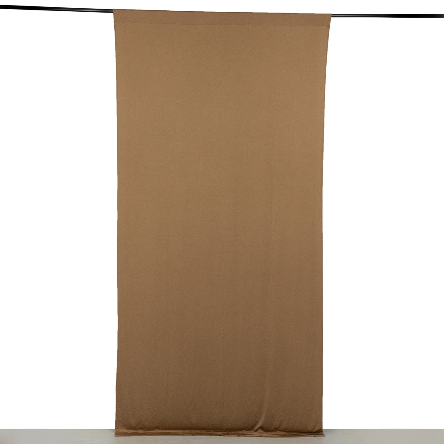 Taupe 4-way stretch spandex event curtain drape, wrinkle-free backdrop.