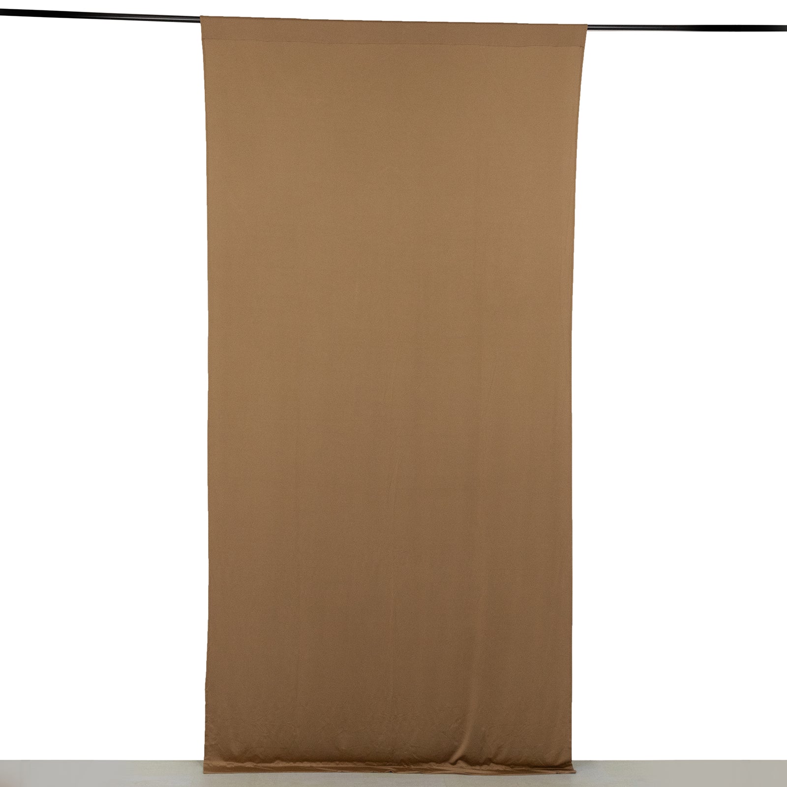 Taupe 4-way stretch spandex event curtain drape, wrinkle-free backdrop.