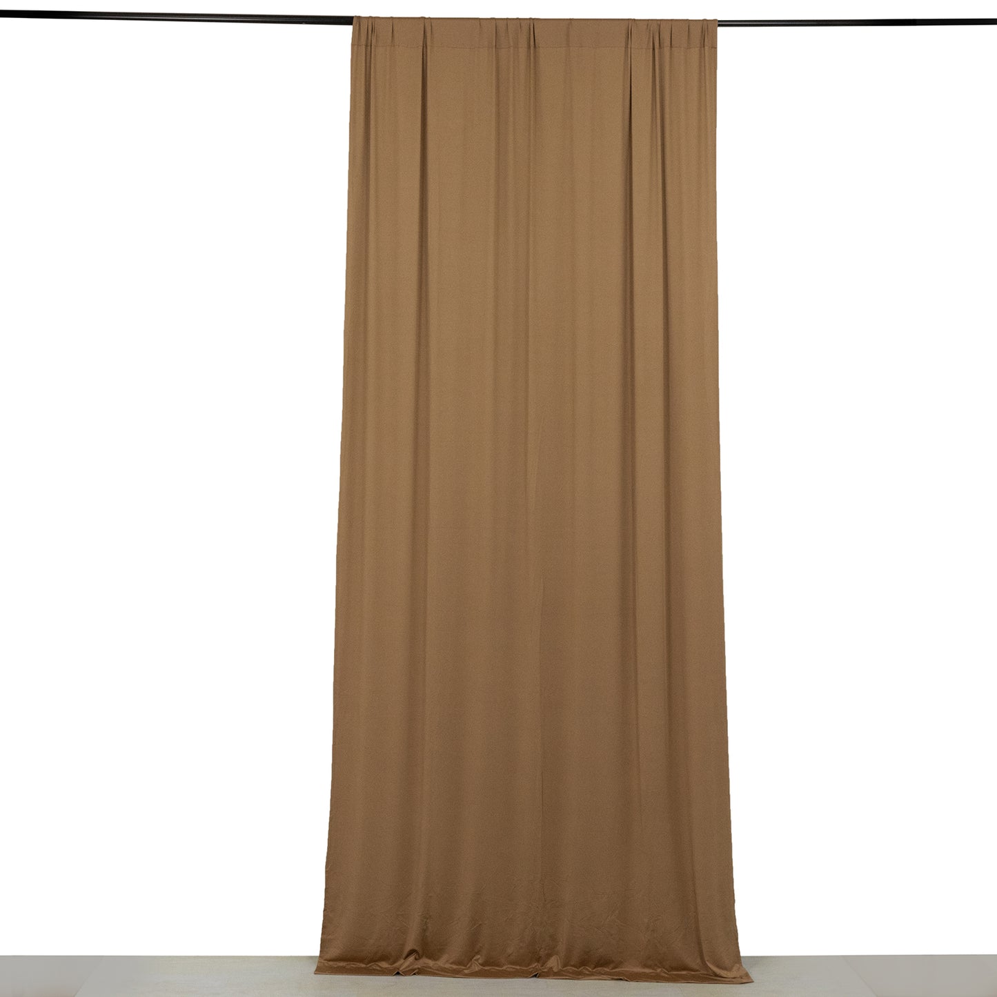 Taupe 4-way stretch spandex event curtain drapes, wrinkle-free backdrop.