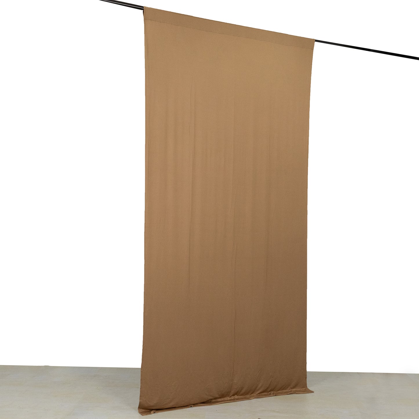 Taupe 4-way stretch spandex event curtain drapes, wrinkle-free backdrop panel.