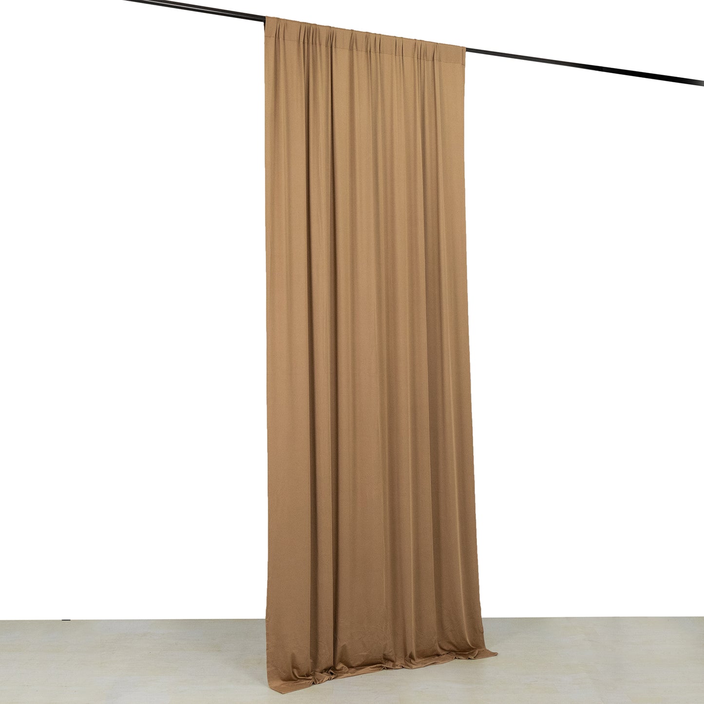 Taupe 4-way stretch spandex event curtain drapes, wrinkle-free backdrop panel.