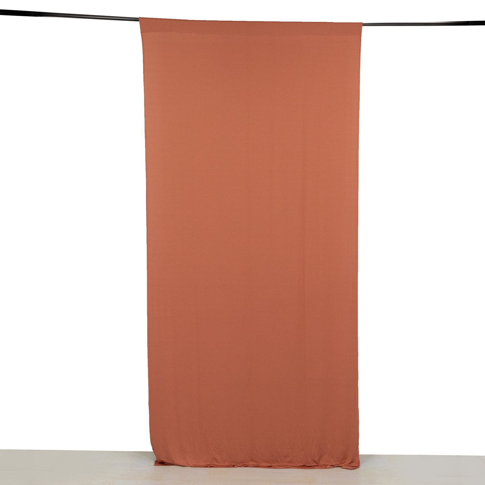 Terracotta 4-way stretch spandex event curtain drapes, wrinkle-free backdrop.