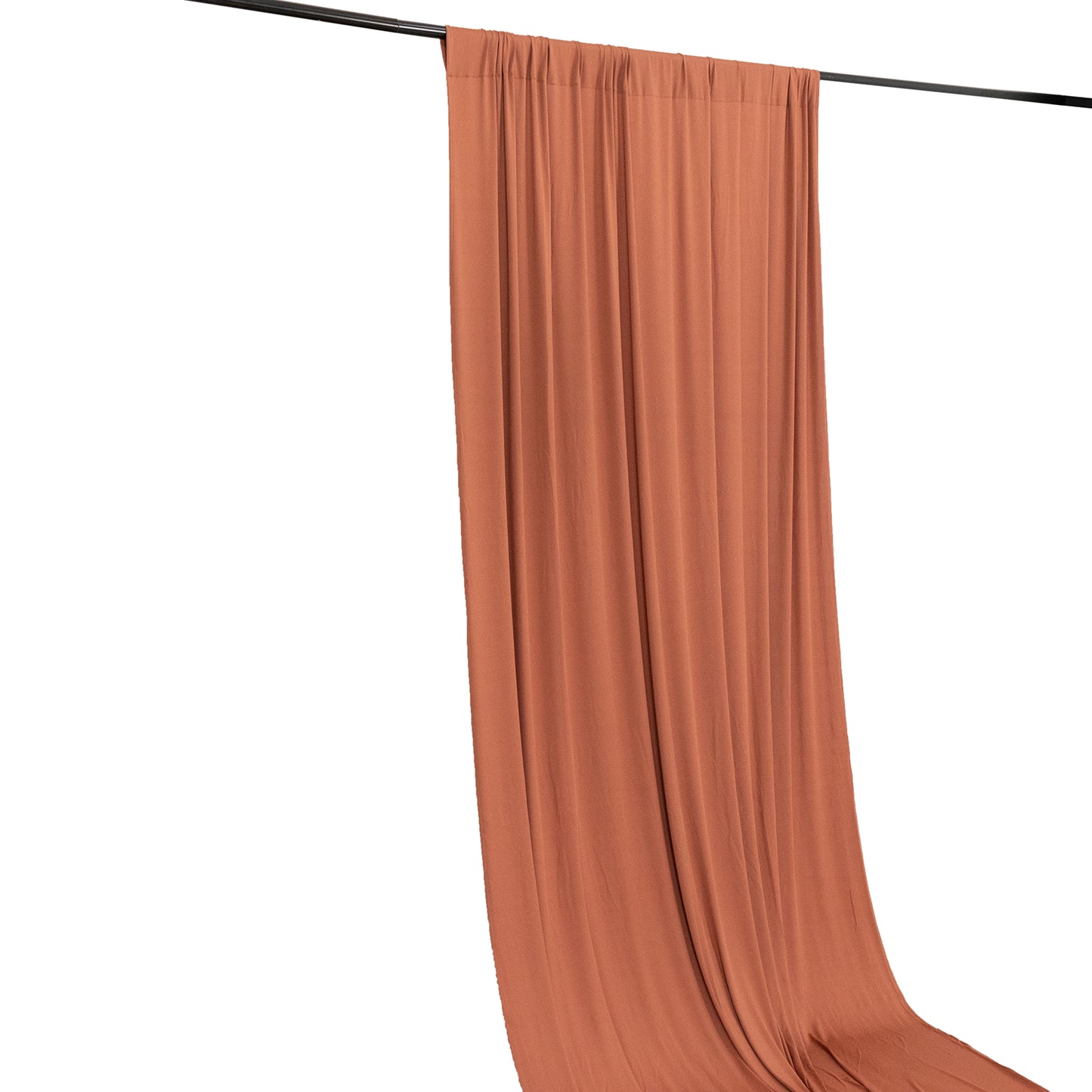 Terracotta 4-way stretch spandex event curtain drapes on a rod.