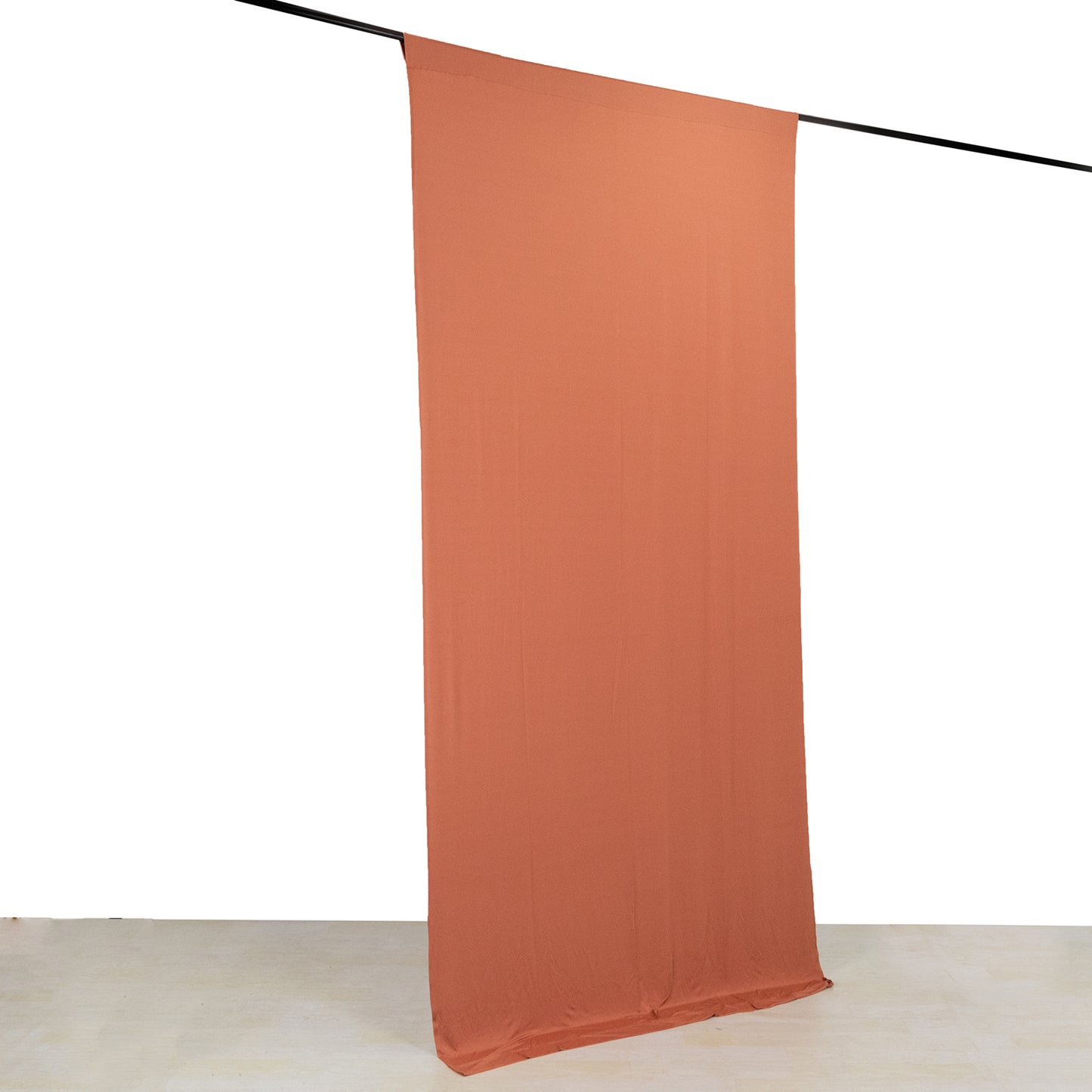 Terracotta 4-way stretch spandex event curtain drapes, wrinkle-free backdrop.
