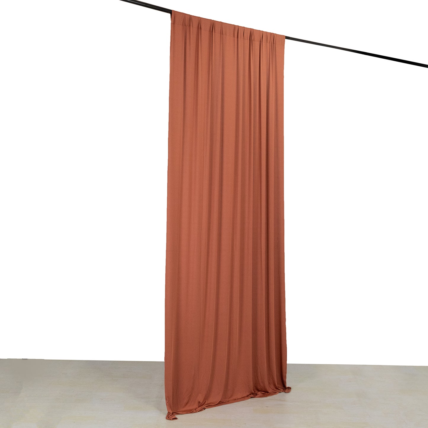 Terracotta 4-way stretch spandex event curtain drapes, wrinkle-free backdrop.