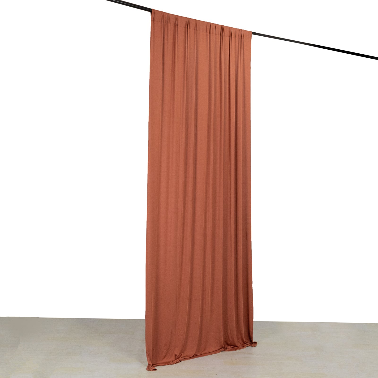 Terracotta 4-way stretch spandex event curtain drapes, wrinkle-free backdrop.