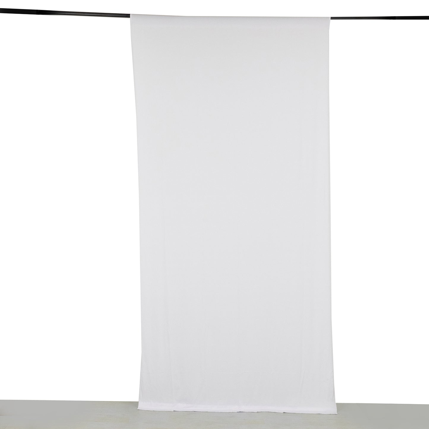 White 4-way stretch spandex event curtain drapes, wrinkle-free backdrop panel.