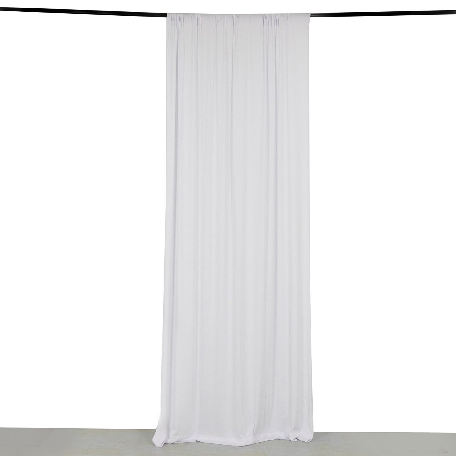 White 4-way stretch spandex event curtain drapes with rod pockets.
