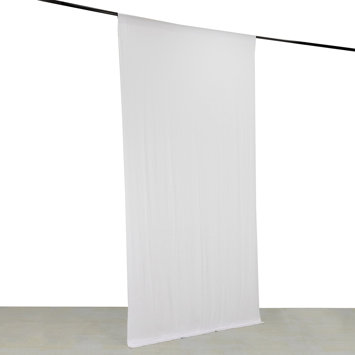 White 4-way stretch spandex event curtain drapes on a rod.