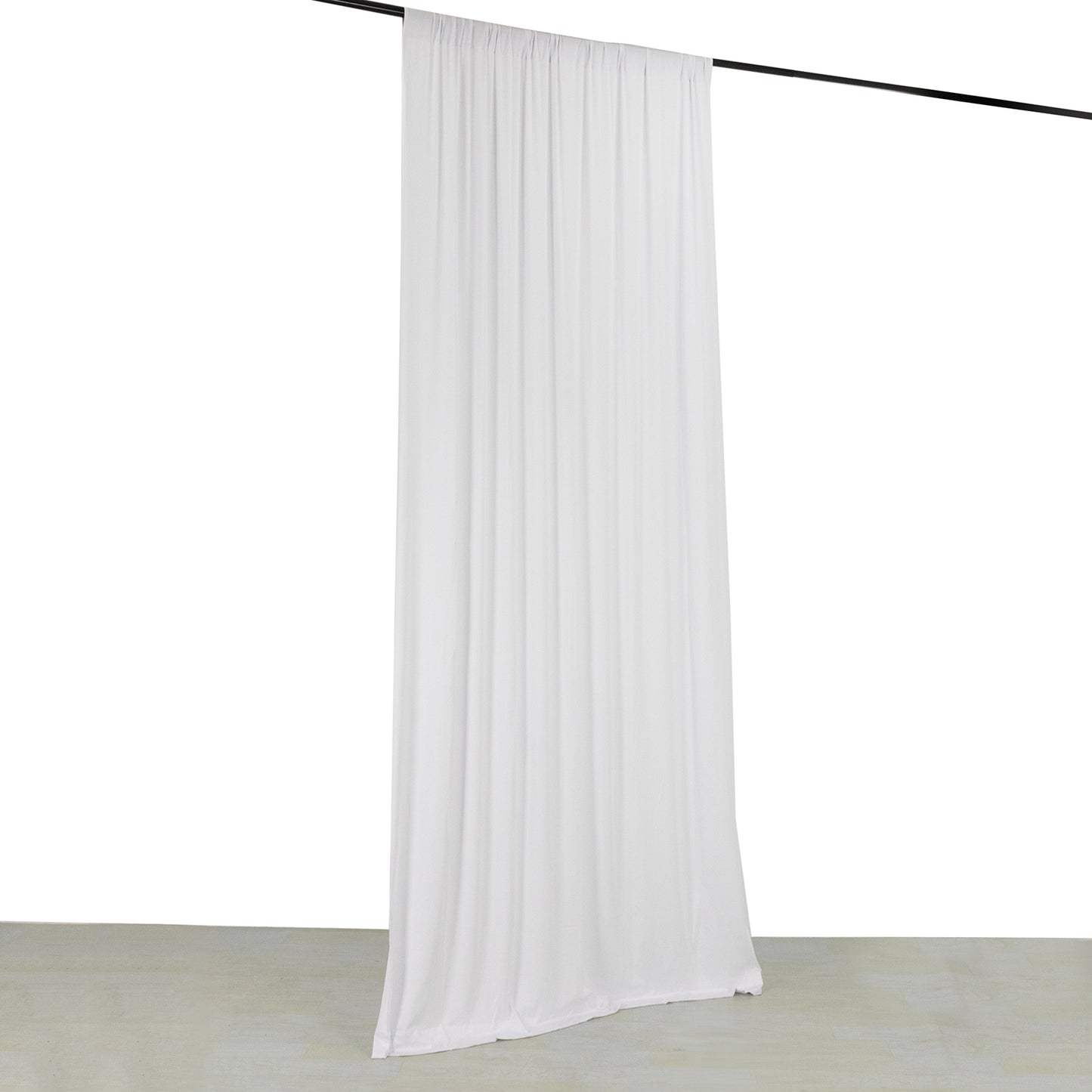 White 4-way stretch spandex event curtain drapes with rod pockets.
