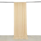 Beige 4-way stretch spandex event curtain drapes hanging on a rod.