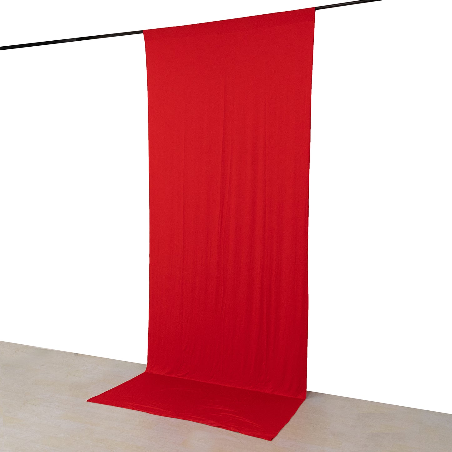 Red 4-way stretch spandex event curtain drapes, wrinkle-free backdrop panel.