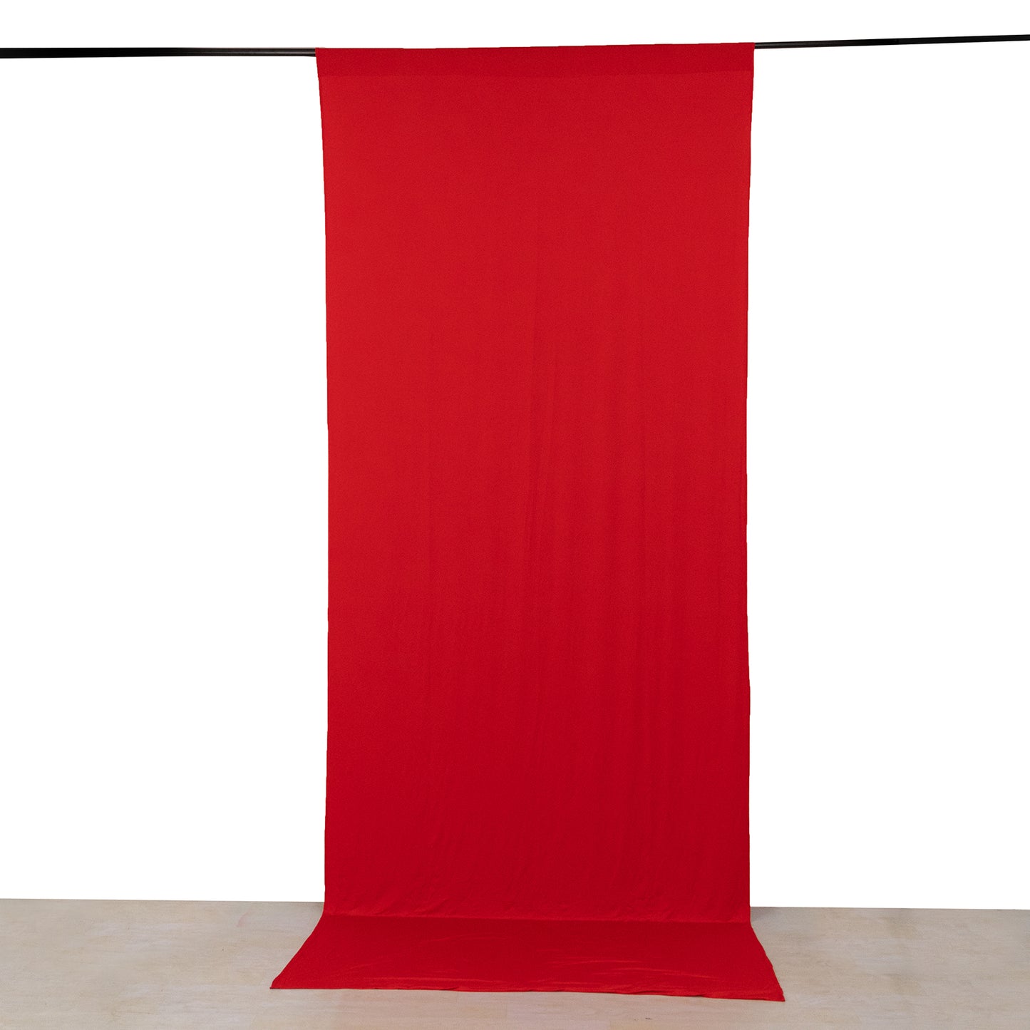 Red 4-way stretch spandex event curtain drapes, wrinkle-free backdrop panel.
