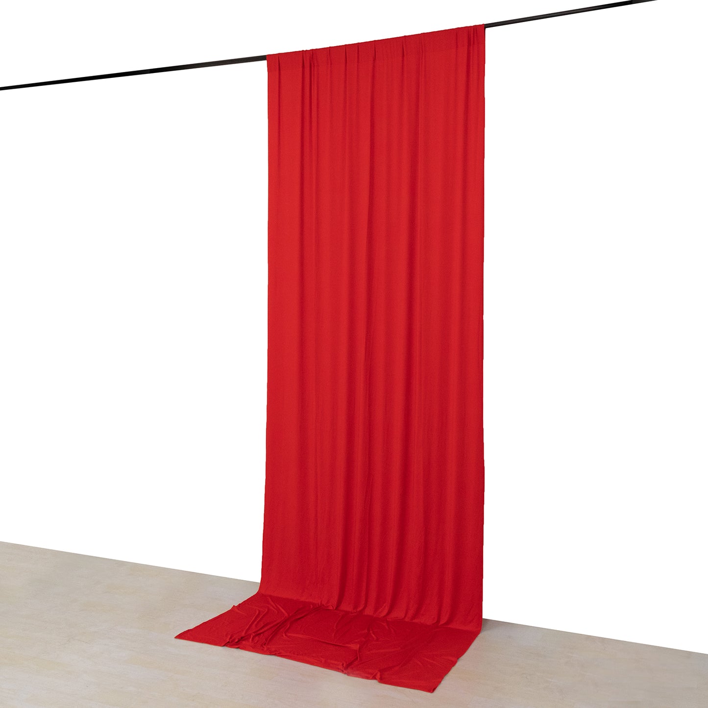 Red 4-way stretch spandex event curtain drapes, wrinkle-free backdrop.