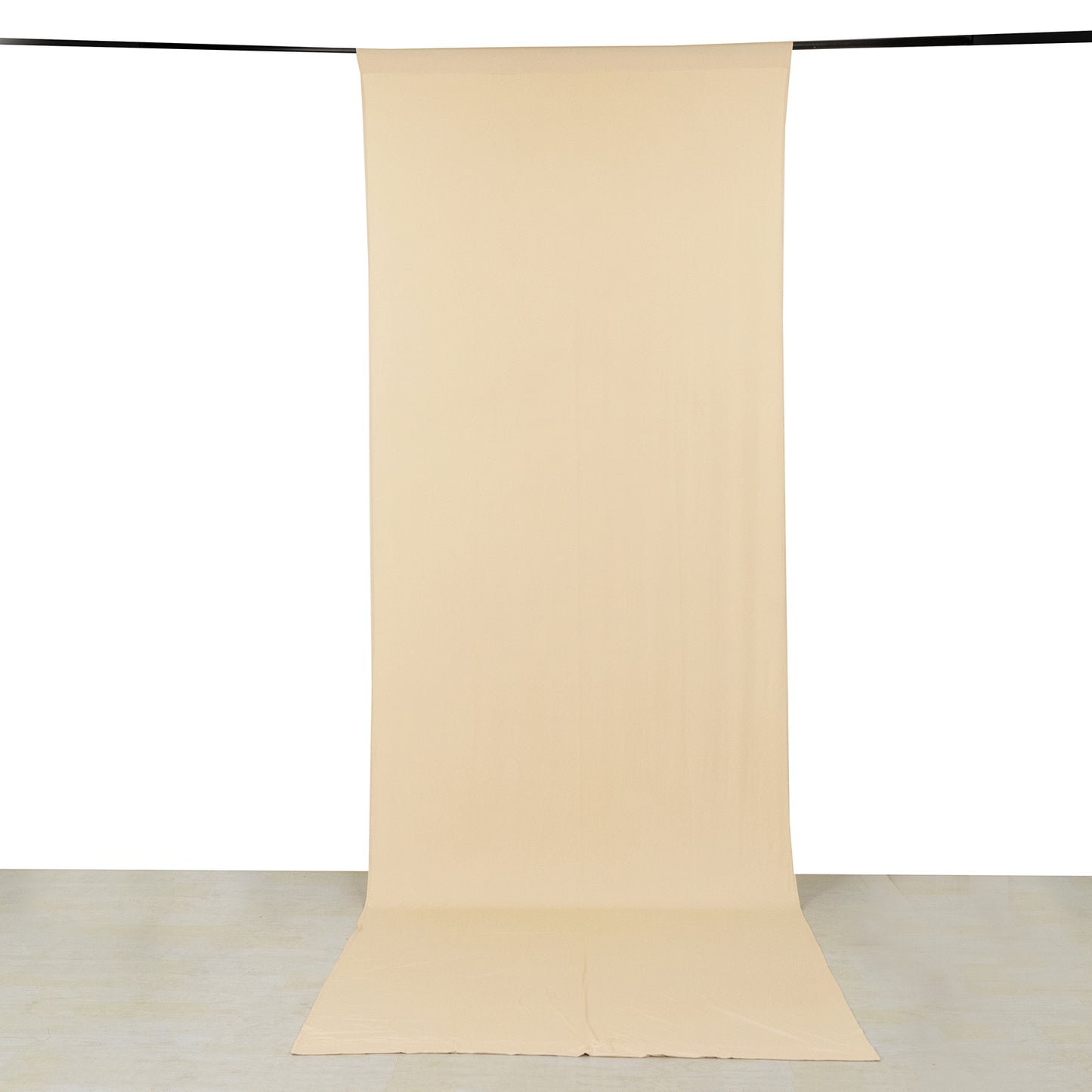 Beige 4-way stretch spandex event curtain drapes for backdrop use.