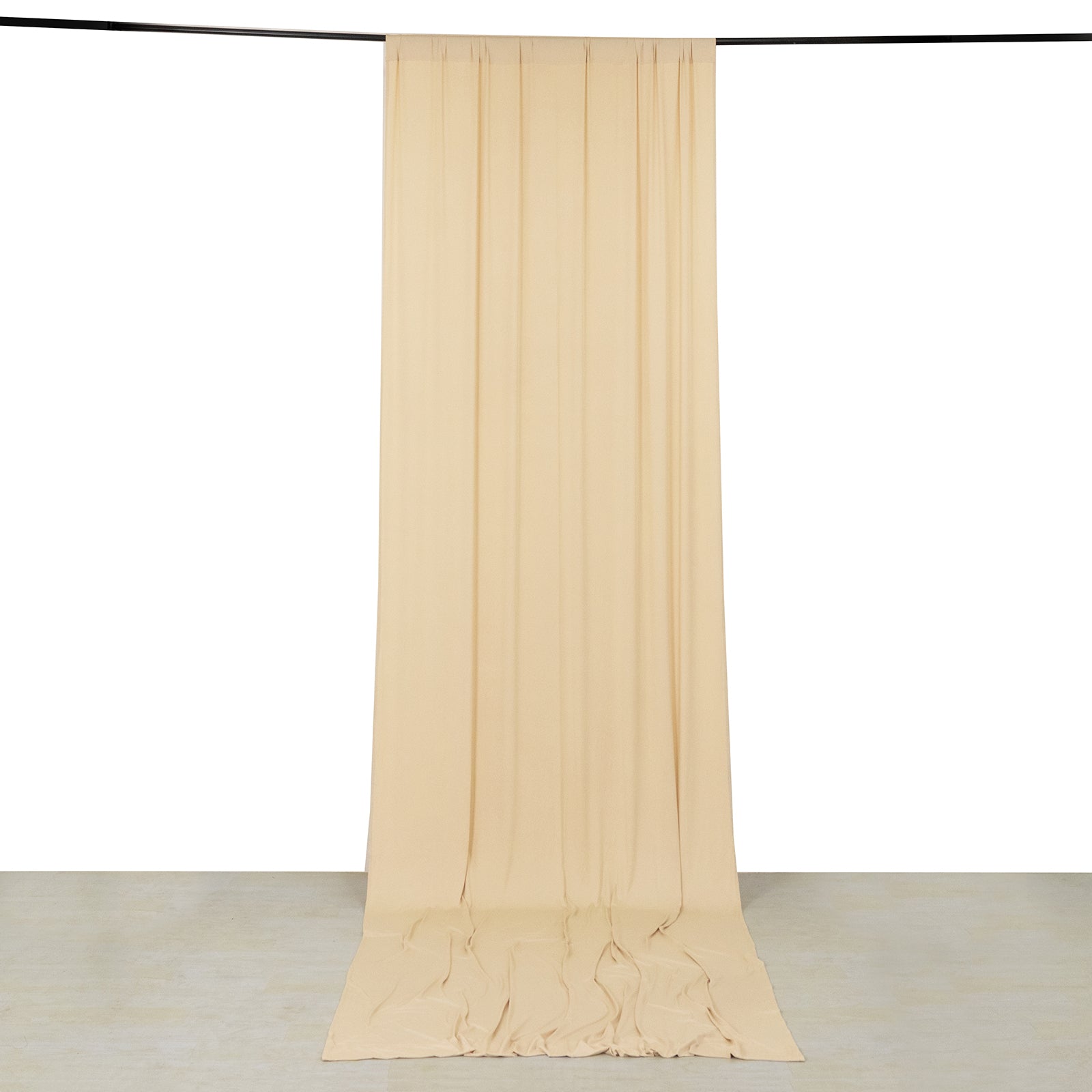 Beige 4-way stretch spandex event curtain drapes, wrinkle-free backdrop panel.
