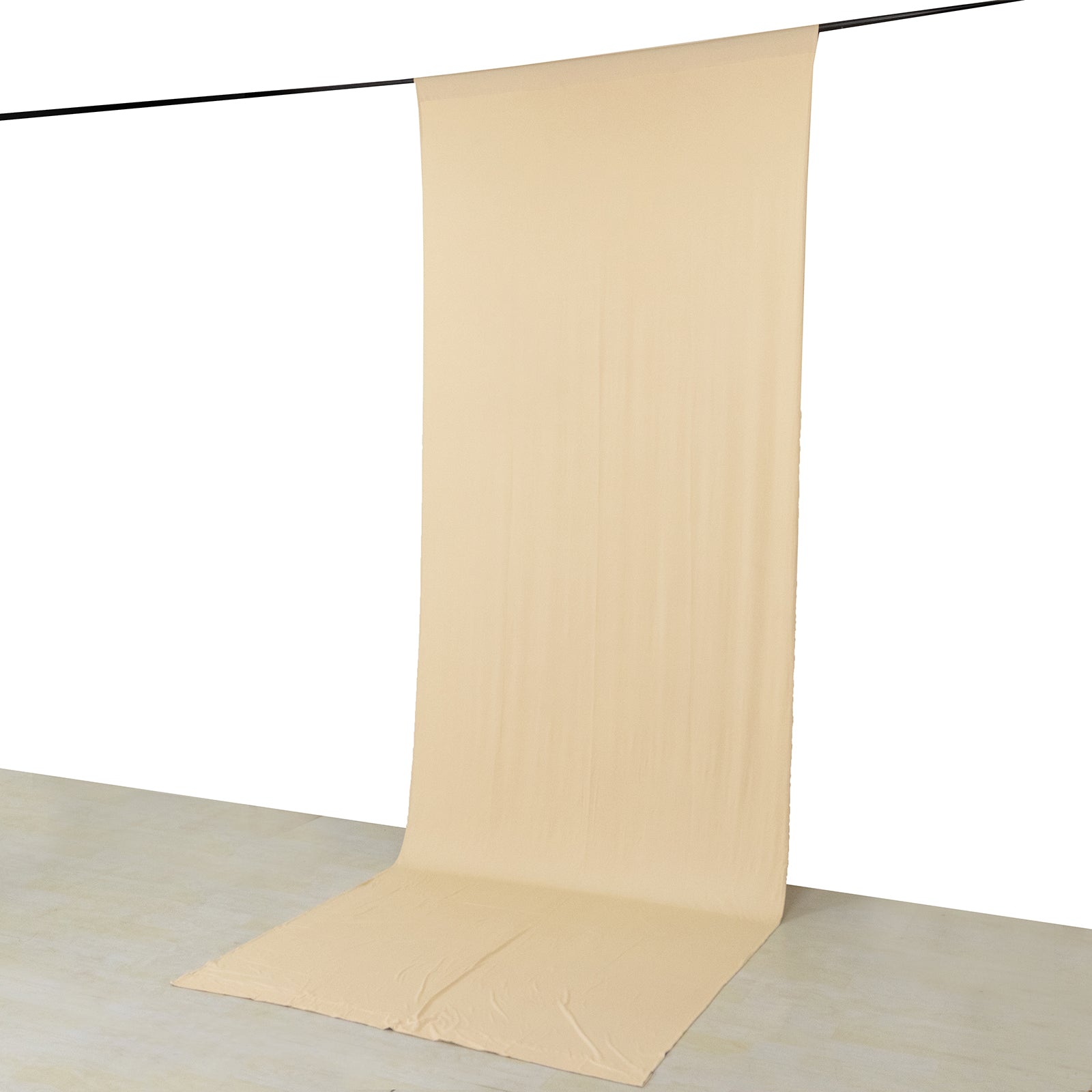 Beige 4-way stretch spandex event curtain drapes backdrop panel.