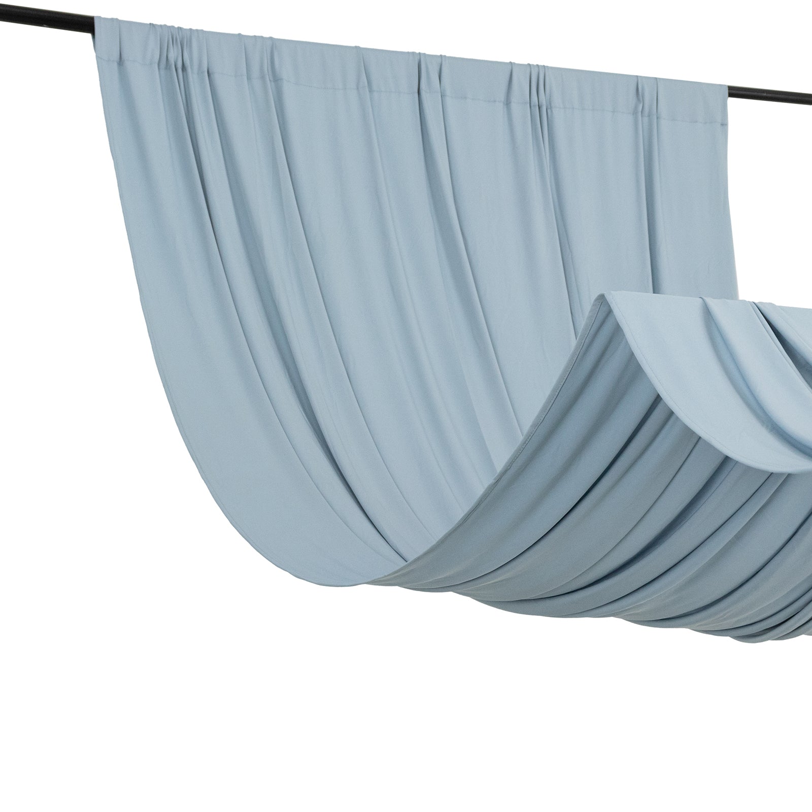 Dusty blue 4-way stretch spandex event curtain drapes hanging elegantly.