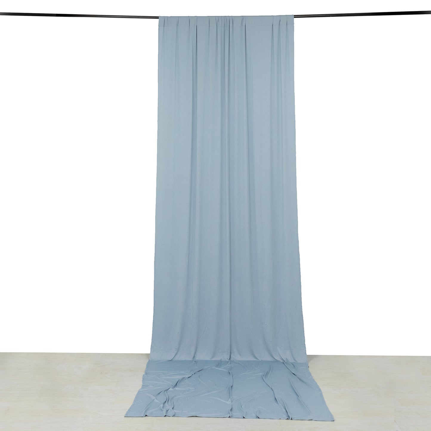 Dusty blue 4-way stretch spandex event curtain drape, wrinkle-free backdrop.