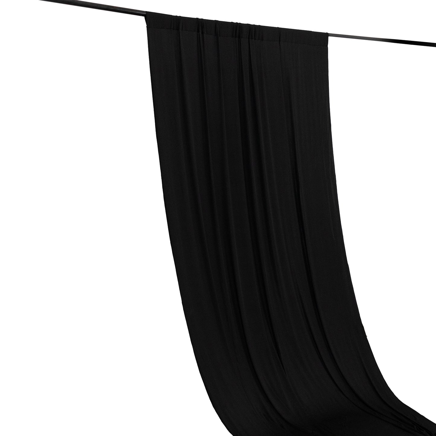 Black 4-way stretch spandex event curtain drapes with rod pockets.