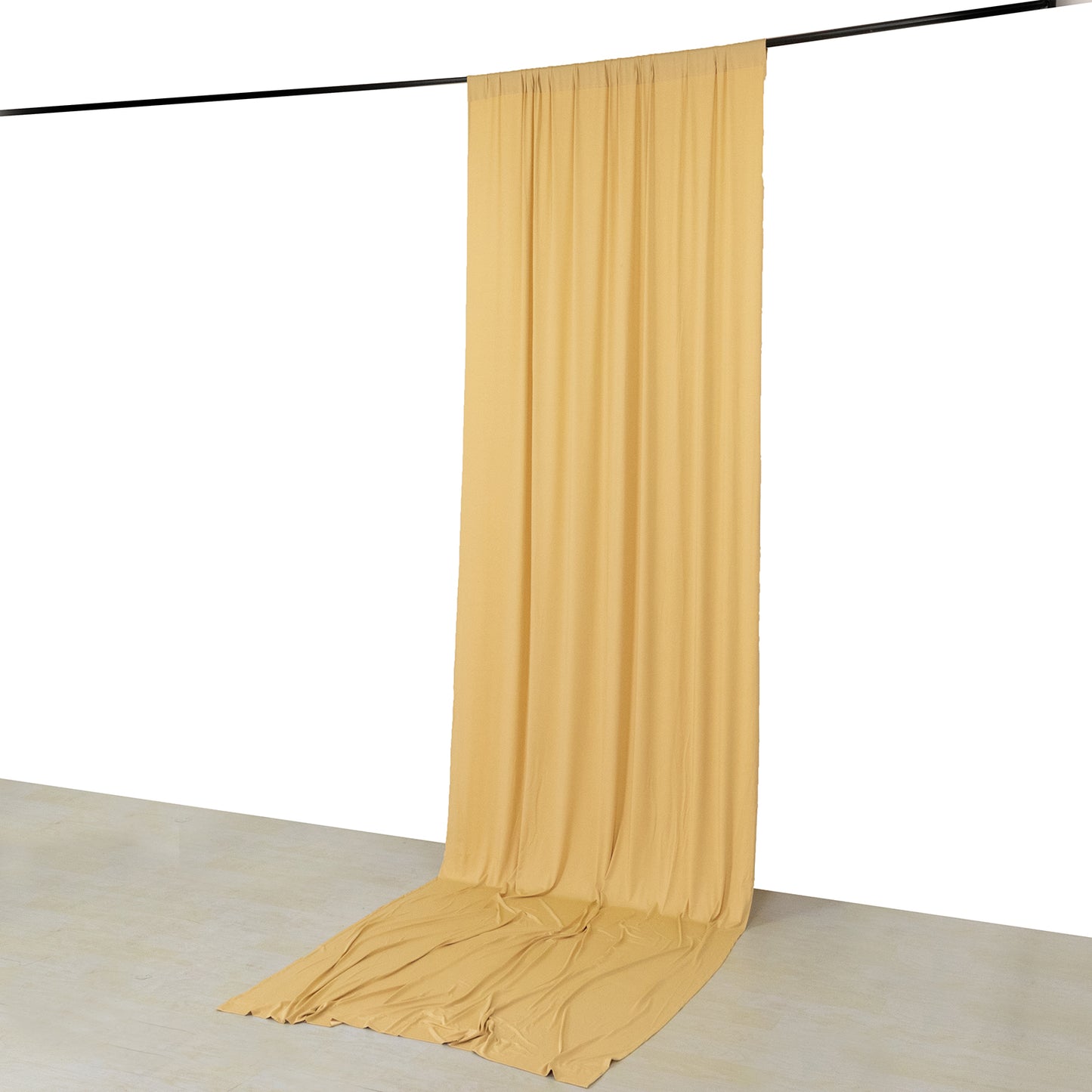 Champagne 4-way stretch spandex event curtain drapes, wrinkle-free backdrop.