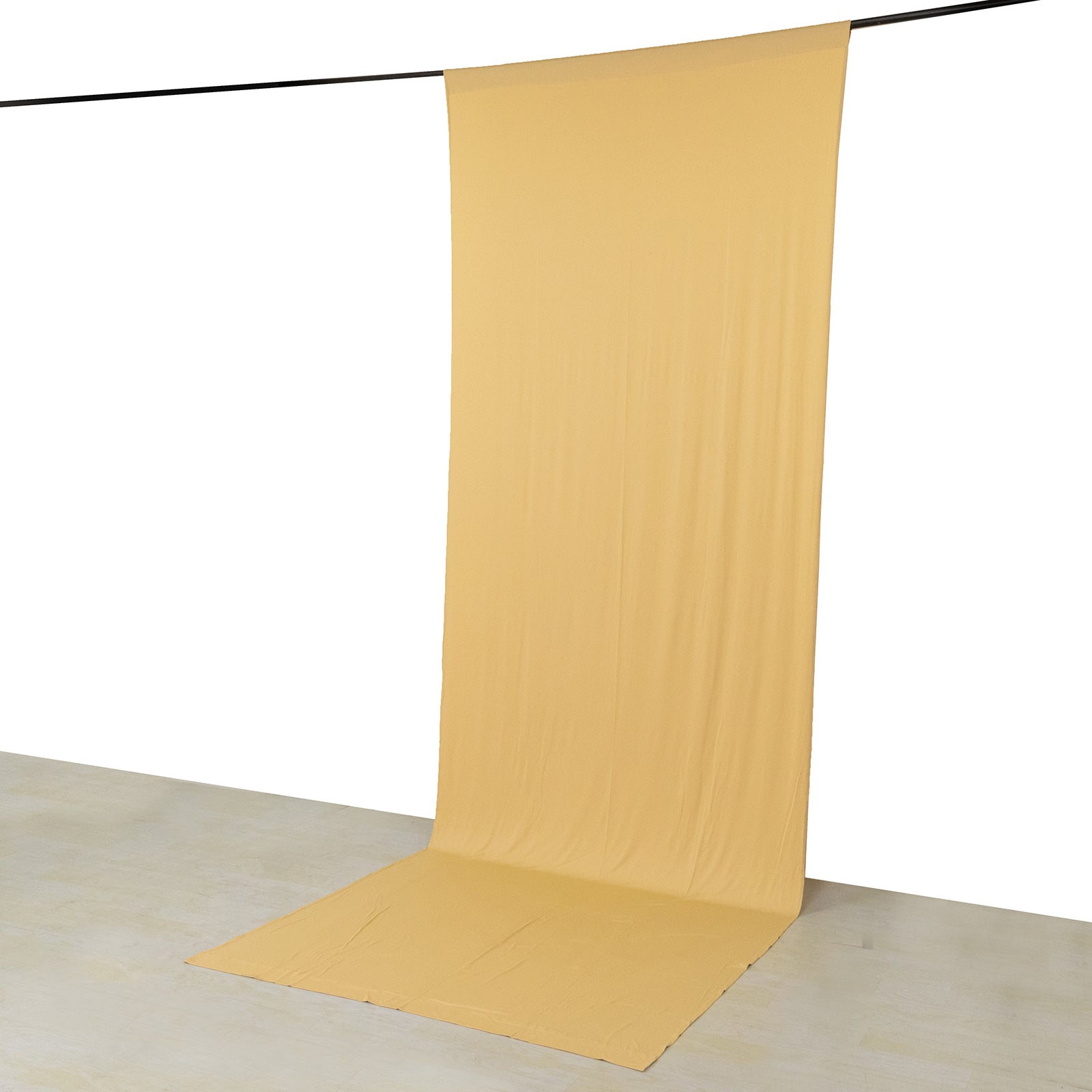 Champagne 4-way stretch spandex event curtain drapes, wrinkle-free backdrop.
