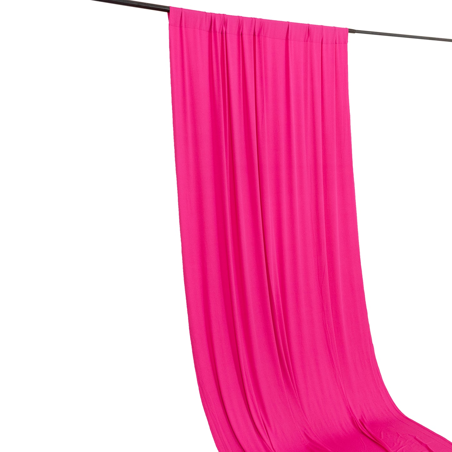 Fuchsia 4-way stretch spandex event curtain drapes hanging on a rod.